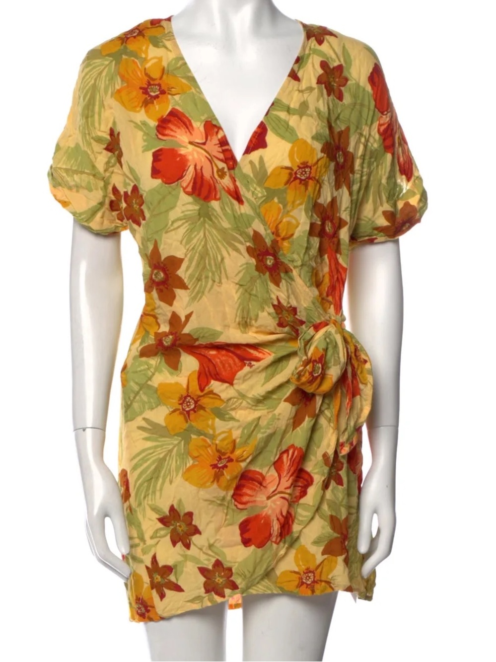 Faithfull‎ the Brand Yellow Floral Mini Dress with Orange & Green Accents
